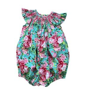 Boutique Smocked Bubble Romper Toddler Turquoise Floral Excellent SIZE 4T